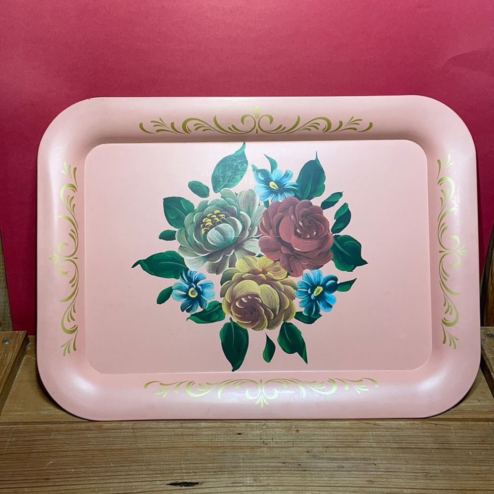Vintage Steel Pink Tray with Floral Painting